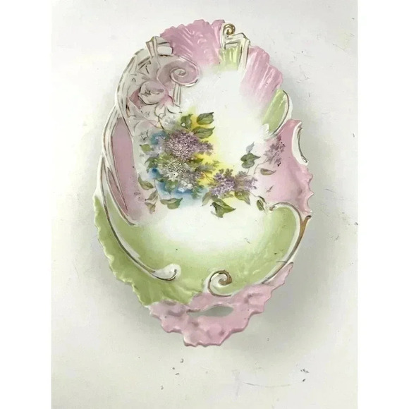 VTG Pink Green Porcelain Celery Dish Cut Out Handles Gold Accent Estate Find - Picture 2 of 14